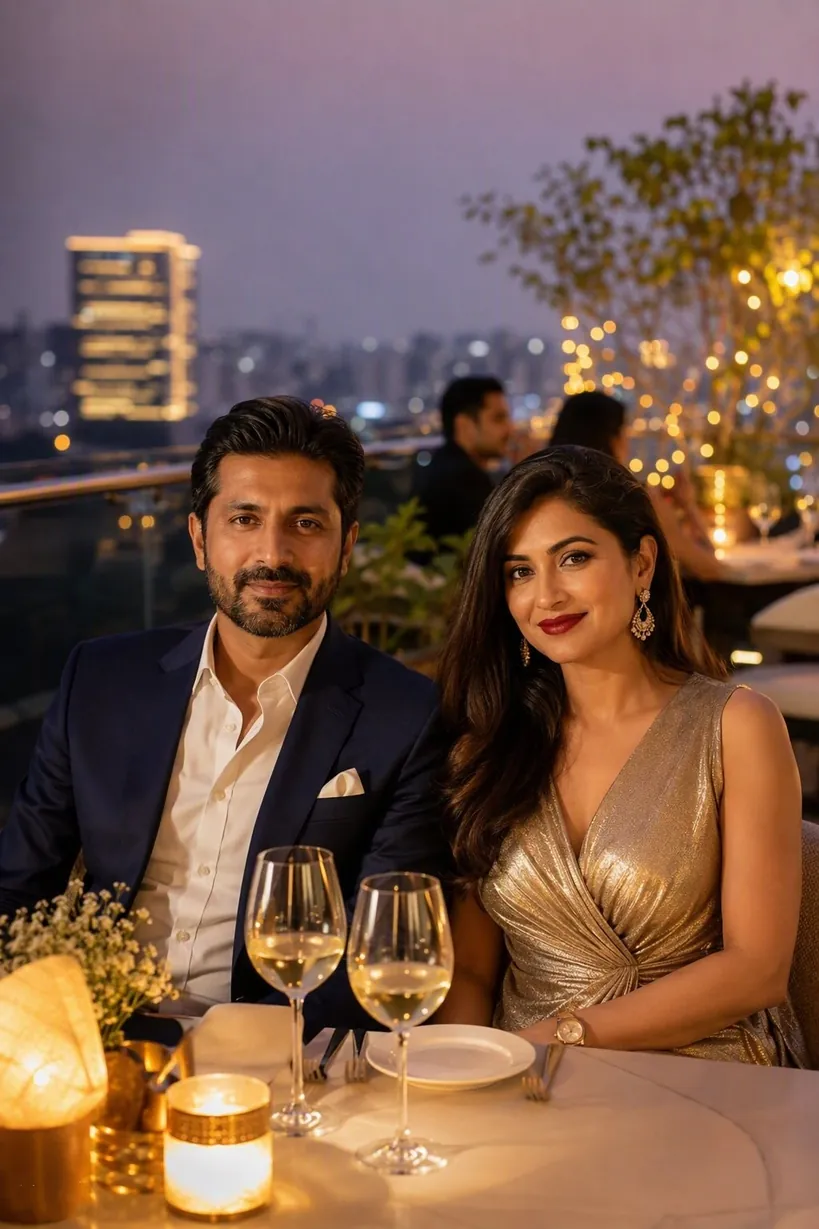Elegant Indian couple enjoying a candlelit dinner at a luxury rooftop restaurant in Surat