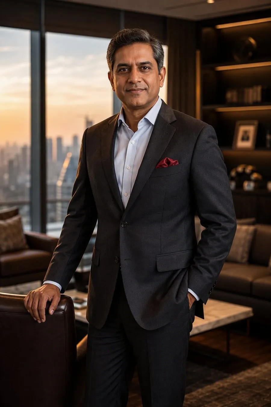 Successful Indian businessman in a tailored suit, representing a Sugar Daddy in Surat