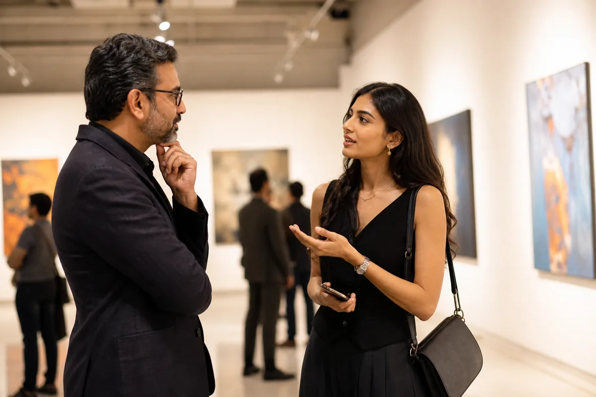 Adult Indian couple discussing art at a contemporary gallery event in Surat