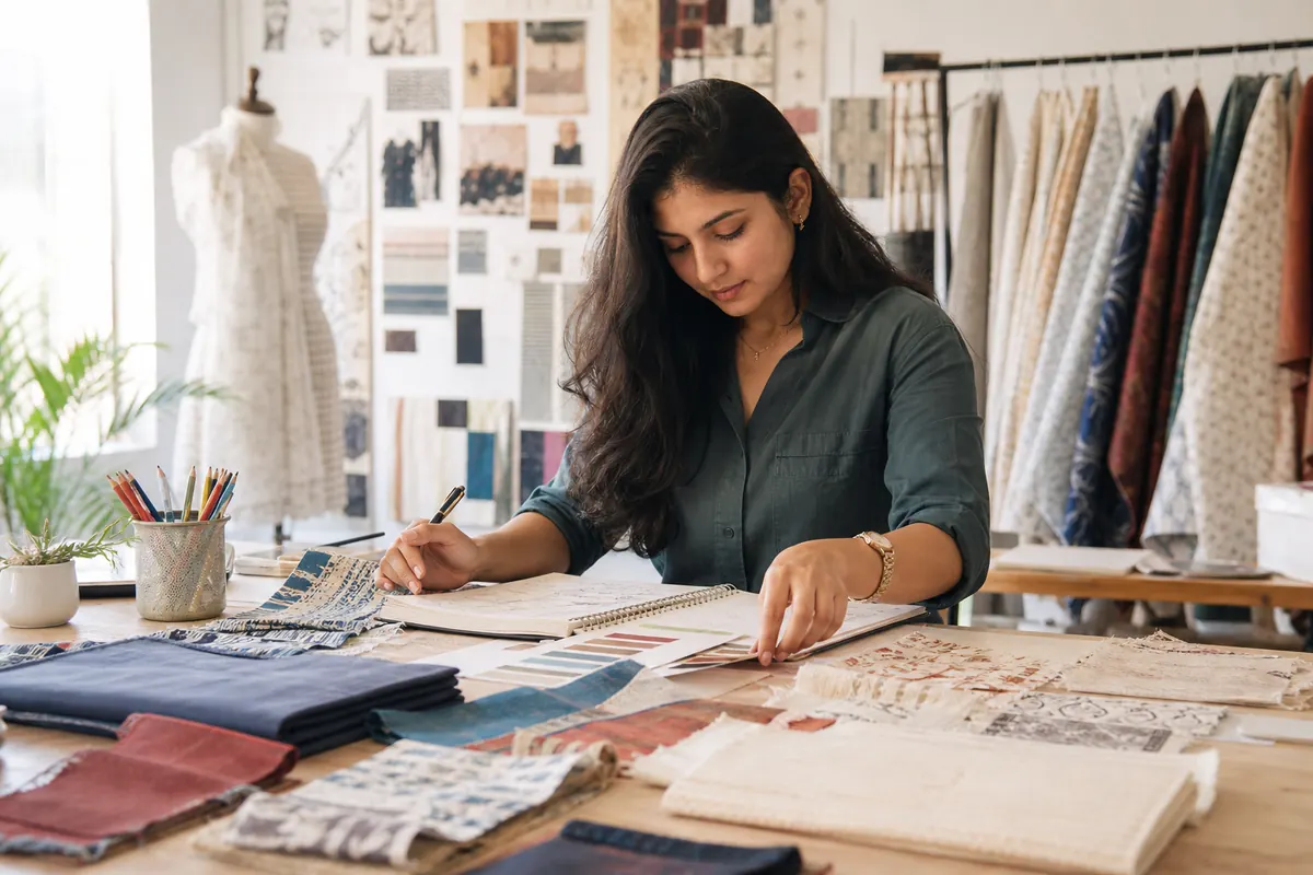 Adult Indian textile designer working on a creative project in a contemporary Surat studio